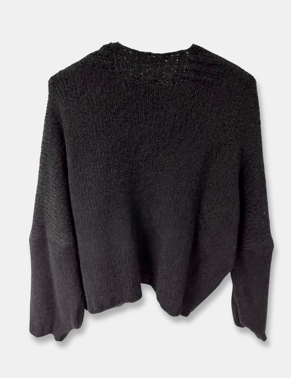 Espalda de chaqueta de punto color negro y cierre con botón para mujer de talla curvy.