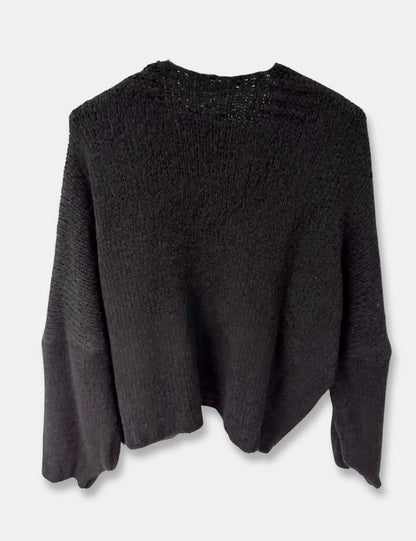 Espalda de chaqueta de punto color negro y cierre con botón para mujer de talla curvy.